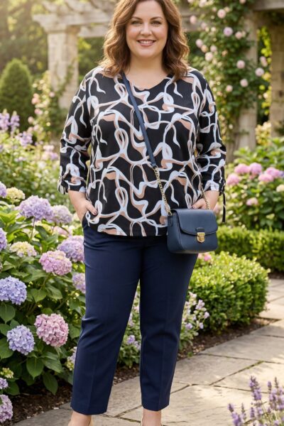 (veľ. 50/52) Vzorovaná tunika s viazačkami na rukávoch čierna