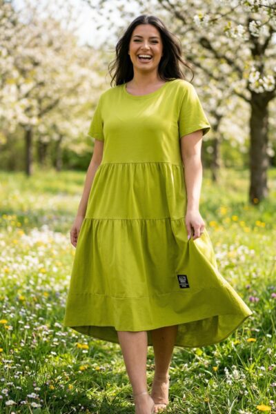 Stupňovité bavlnené šaty limetkové
