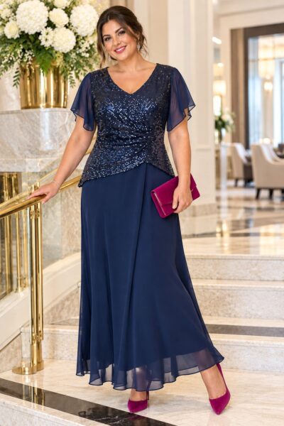 Plus size žena v tmavomodrých spoločenských šatách s flitrovaným živôtikom a šifónovou sukňou, s cyklámenovou listovou kabelkou a lodičkami.