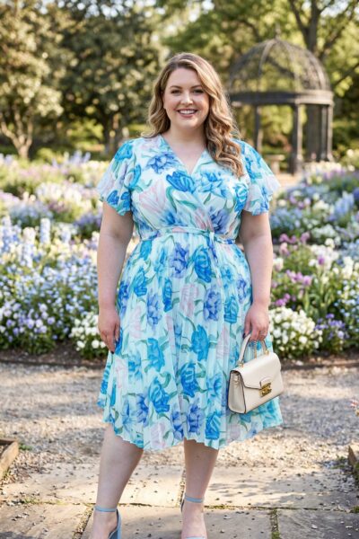 (veľ. 46/50) Plisované kvetované šaty so zavinovacím výstrihom modro-ružové