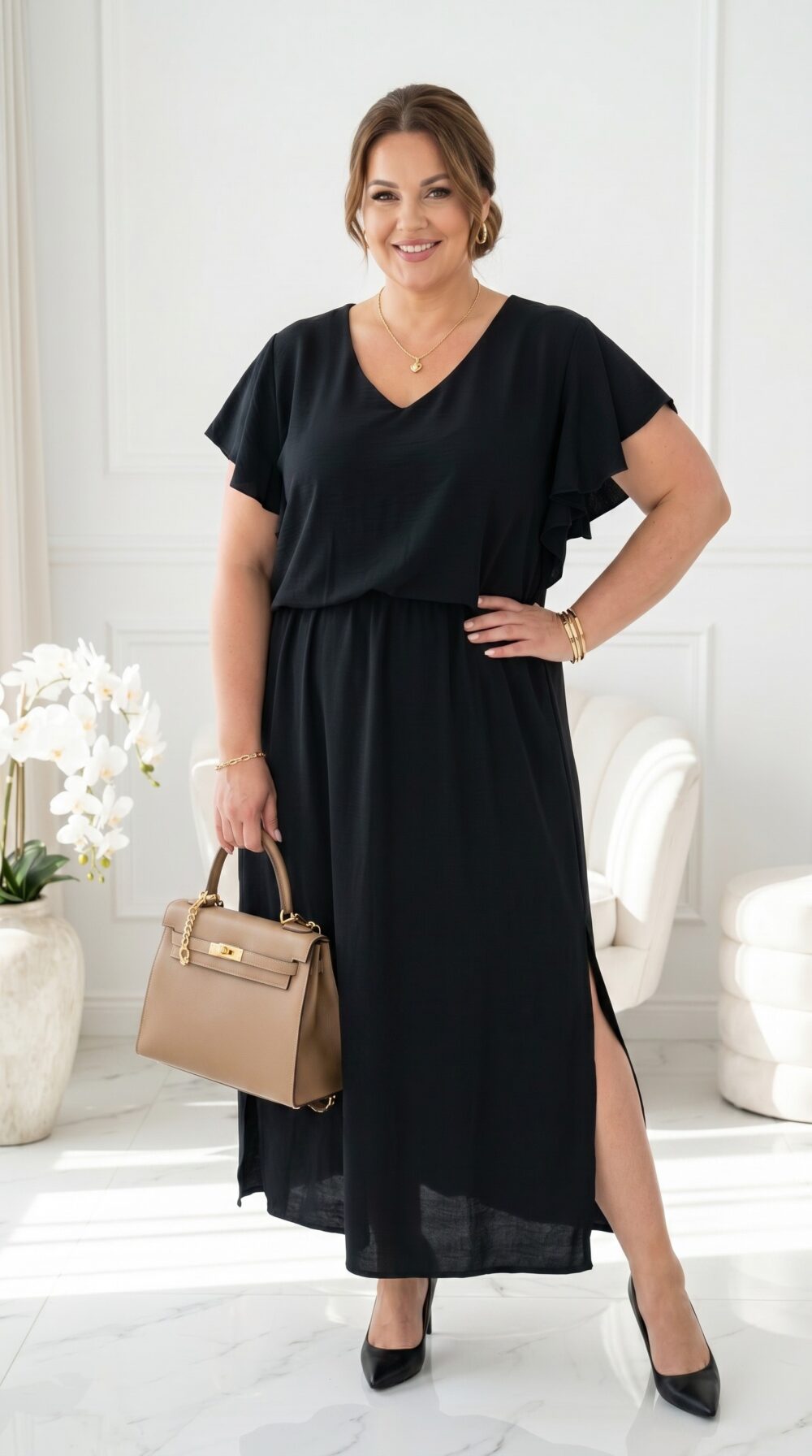 Čierne plus size šaty s volánovými rukávmi, výstrihom do V, voľnou splývavou sukňou a bočným rozparkom