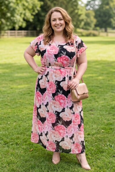 Dlhé plus size šaty s ružovými pivóniami na čiernom podklade a látkovým opaskom