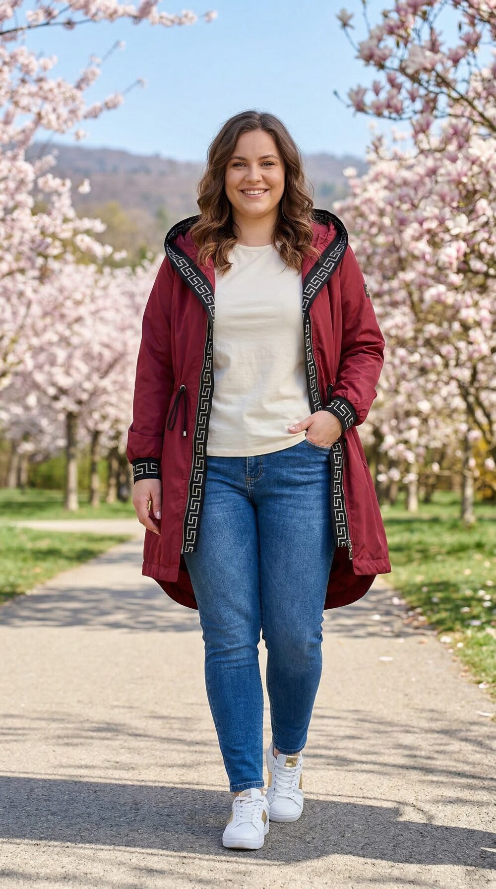 Prechodná parka/bunda s gréckym vzorom vínovočervená