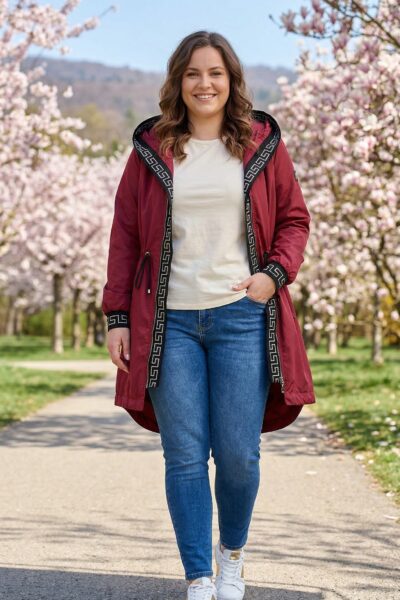 Prechodná parka/bunda s gréckym vzorom vínovočervená