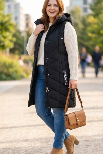 (veľ. 50) Prešívaná vesta Love s kapucňou a vreckami čierna