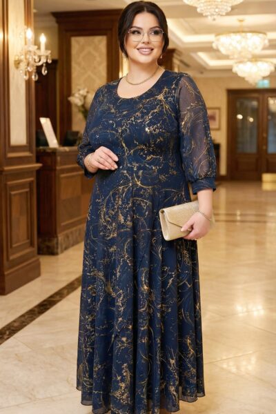 (veľ. 50) Dlhé šaty so zlatými špirálami tmavomodré