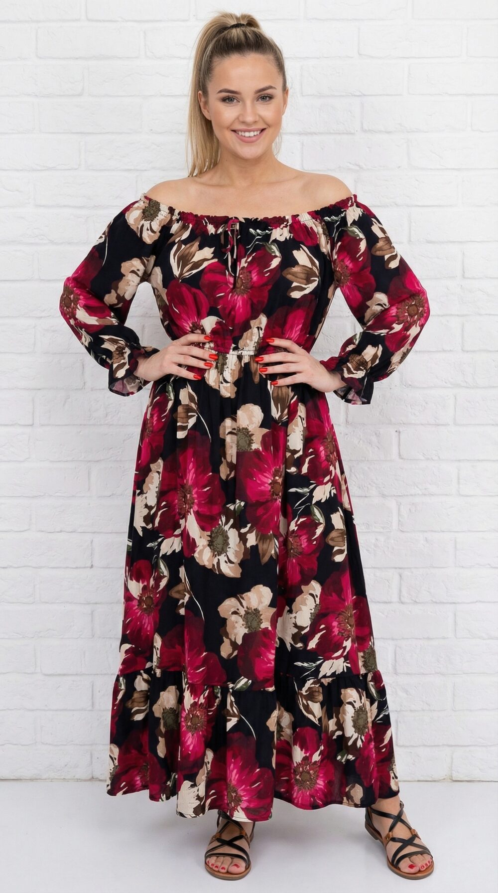 Viskózové šaty s kvetmi, so španielskym výstrihom, rozparkom na sukni, aj pre plus size veľkosti