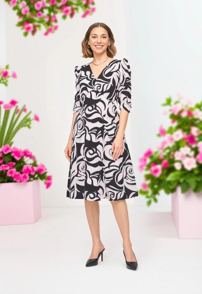 Midi šaty z viskózy s čierno-béžovým ornamentálnym vzorom, výstrihom do V, prešívaním na prednom diele a zipsom na chrbte.