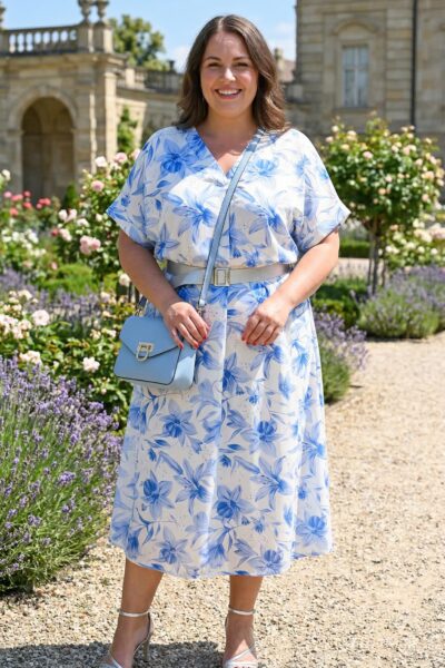 Kvetované šaty s krátkymi rukávmi modro-biele