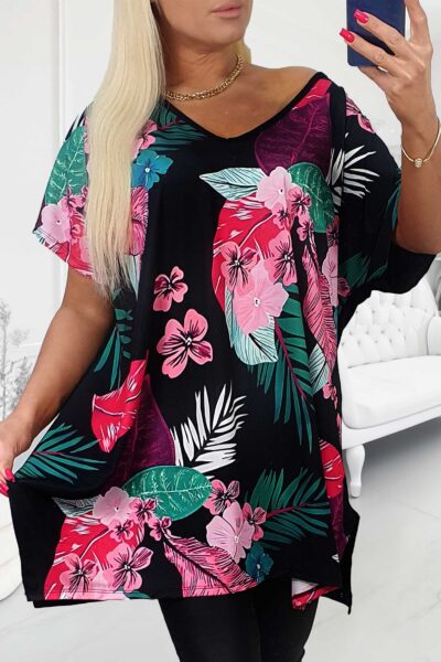 Tunikový top s tropickými kvetmi čierny