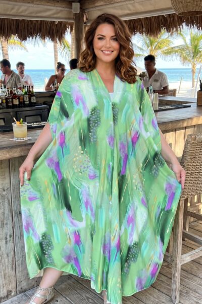Vzorovaný kaftan s krátkymi rukávmi zelený