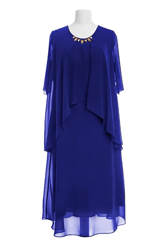 Kráľovsky modré šaty s pelerínou a ozdobou pri výstrihu, vhodné pre moletky na spoločenské udalosti