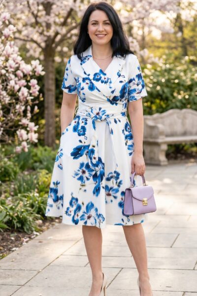 (veľ. 2XL) Šaty s vreckami s modrými kvetmi biele