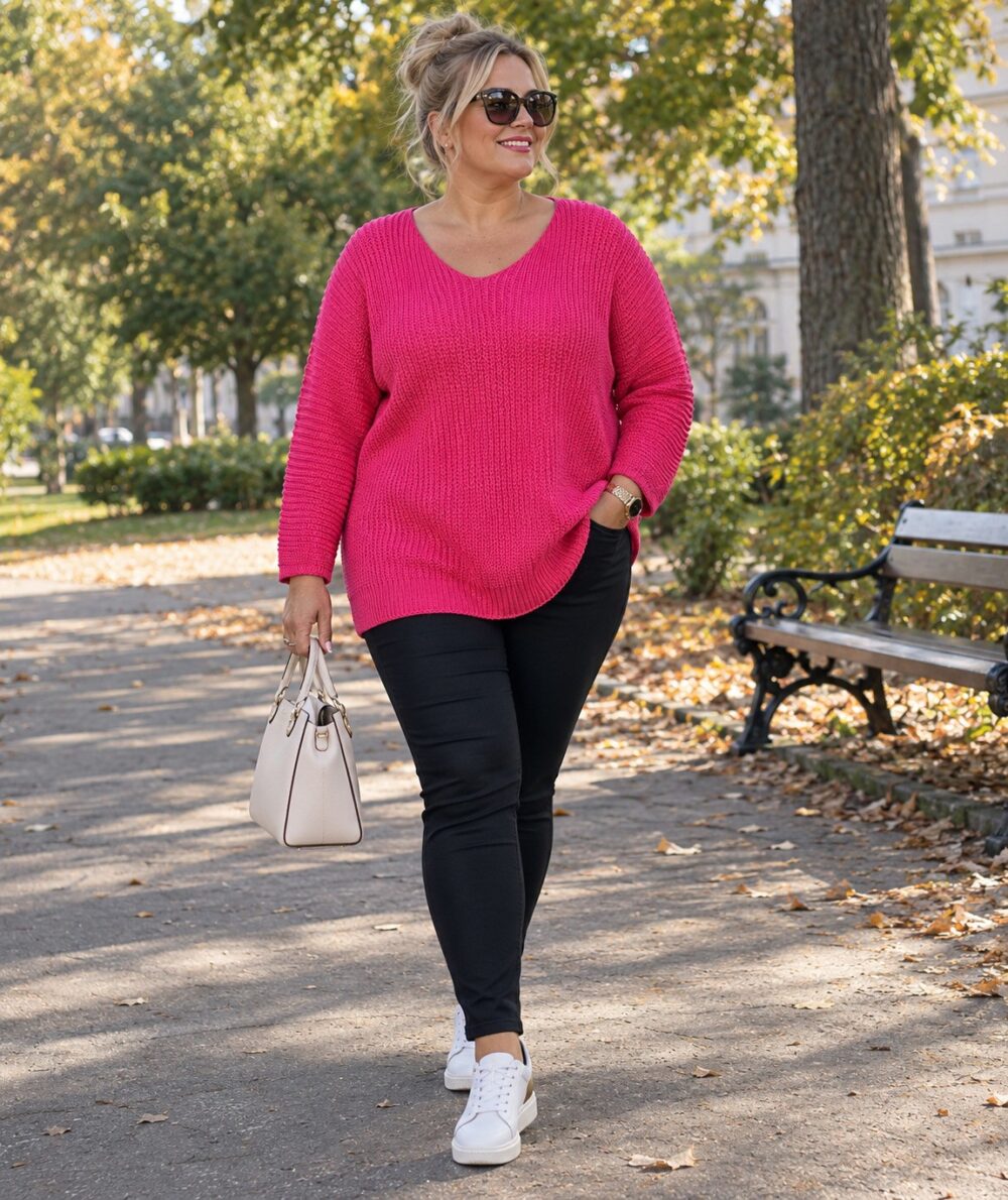 sveter-v-vystrih-ruzovy Dámsky plus size pletený sveter vo fuksiovej farbe s výstrihom do V a dlhými rukávmi