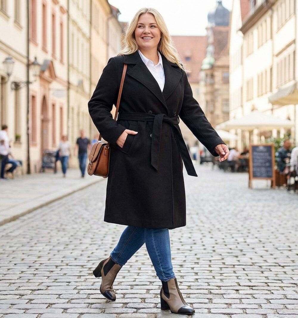 Plus size čierny flaušový kabát s dvojradovým zapínaním, podšívkou a opaskom