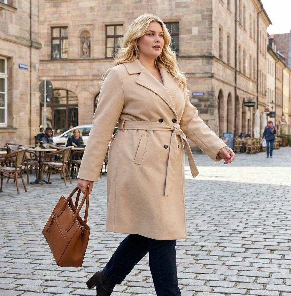 Plus size prechodný krémový flaušový kabát s podšívkou