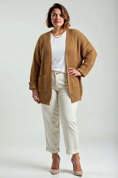 Kardigán s vreckami karamelový