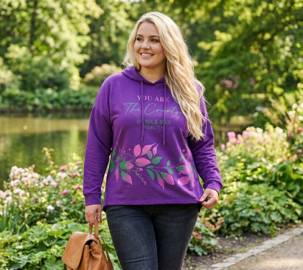 Plus size fialová mikina s nápisom a kvetovanou potlačou, s kapucňou