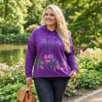 Plus size fialová mikina s nápisom a kvetovanou potlačou, s kapucňou