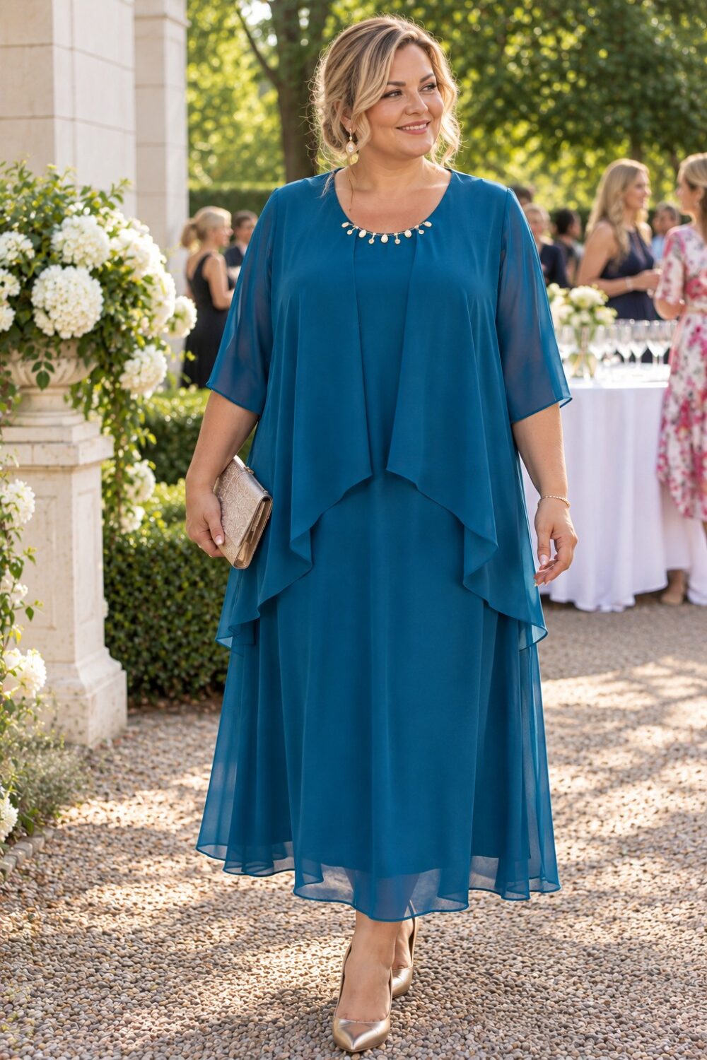 Plus size spoločenské šaty v petrolejovej farbe na žene veľkosti 56, elegantný šifónový model na garden party.