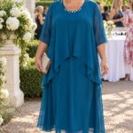 Plus size spoločenské šaty v petrolejovej farbe na žene veľkosti 56, elegantný šifónový model na garden party.