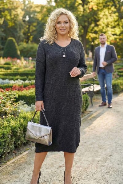 Svetrové šaty s výstrihom do V tmavosivé