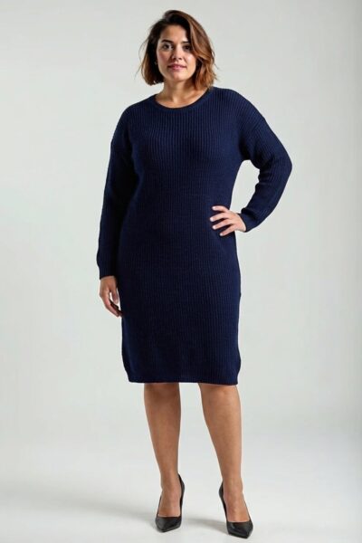 Svetrové šaty s výstrihom do V tmavomodré