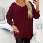 bordový úpletový sveter pre moletky s výstrihom do V