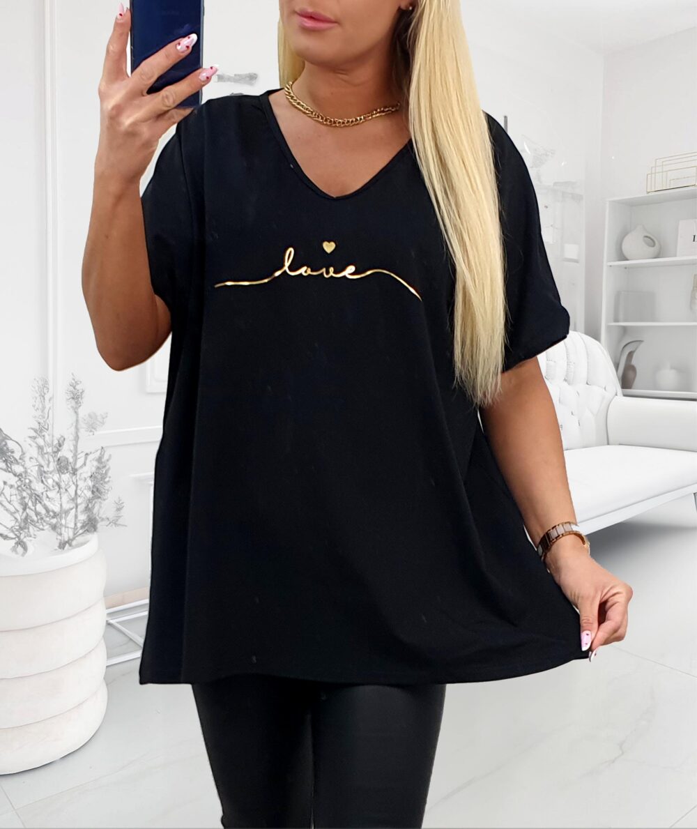 Čierne plus size tričko s nápisom LOVE – dámske tričko pre moletky s krátkym rukávom