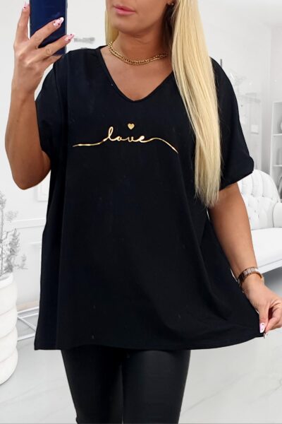 Čierne plus size tričko s nápisom LOVE – dámske tričko pre moletky s krátkym rukávom