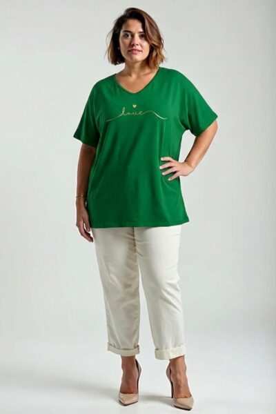 Zelené dámske tričko s nápisom LOVE pre moletky – plus size tričko s krátkym rukávom