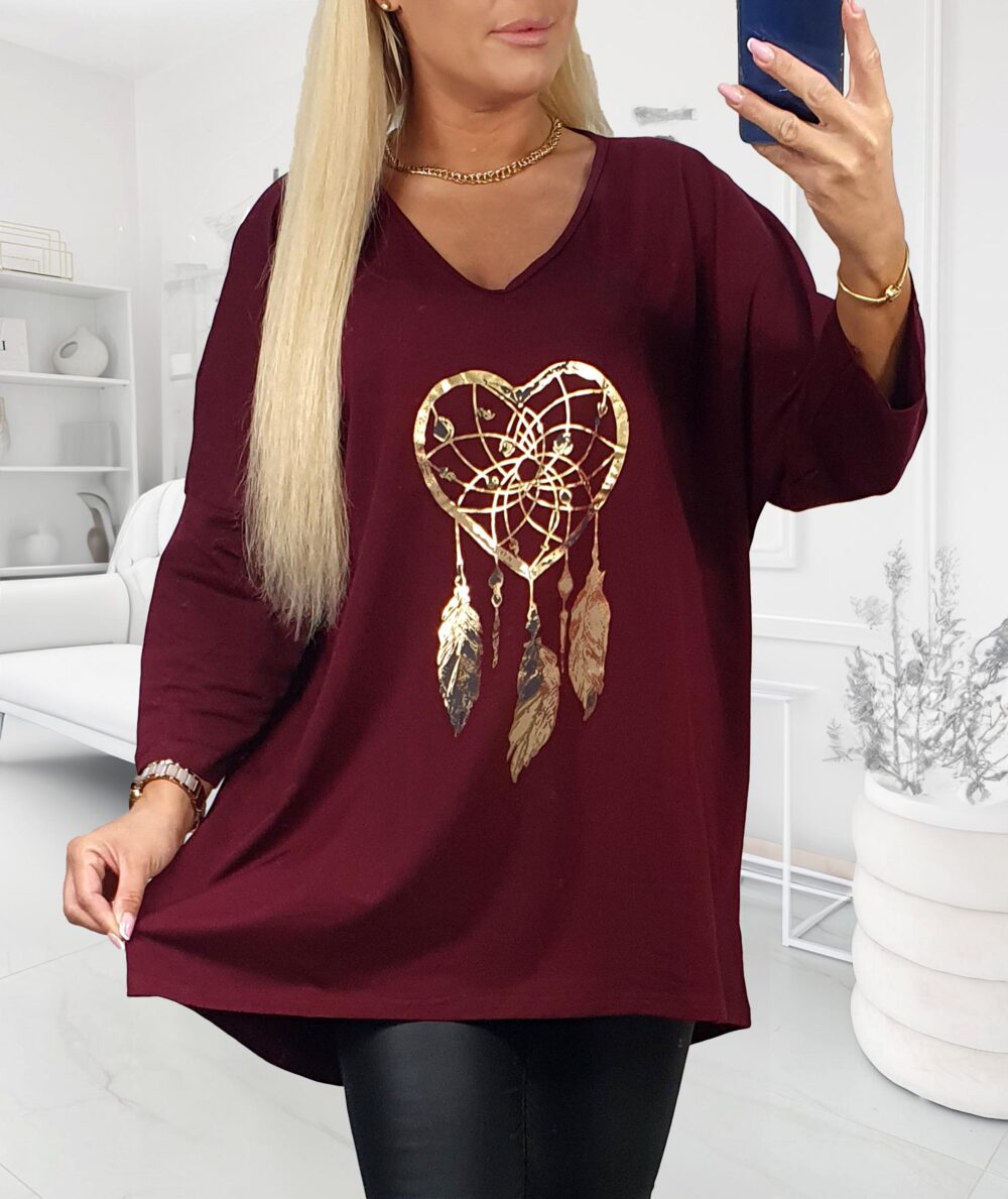 bordová tunika pre moletky so zlatou potlačou v tvare lapača snov, 3/4 rukávmi a výstrihom do V