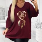 bordová tunika pre moletky so zlatou potlačou v tvare lapača snov, 3/4 rukávmi a výstrihom do V