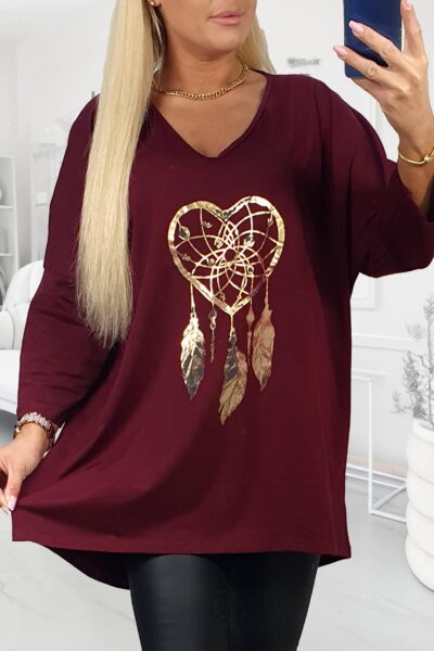 bordová tunika pre moletky so zlatou potlačou v tvare lapača snov, 3/4 rukávmi a výstrihom do V