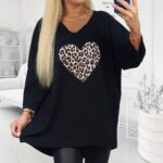 čierna tunika s leopardím srdcom, voľný strih, trojštvrťové rukávy, plus size móda