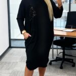 čierne šaty pre moletky s flitrovaným vreckom, dlhé rukávy, voľný strih, rozparky, bavlna s elastanom