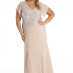 plus size krémové dlhé spoločenské šaty s trblietavým živôtikom a splývavou sukňou