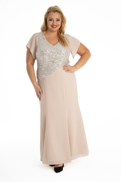 plus size krémové dlhé spoločenské šaty s trblietavým živôtikom a splývavou sukňou