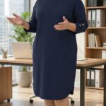 tmavomodré šaty pre moletky so zlatými očkami na rukávoch, dlhé rukávy vcelku, rozparky, bavlna s elastanom