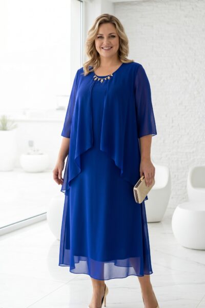 Šifónové šaty s pelerínou a ozdobou kráľovská modrá