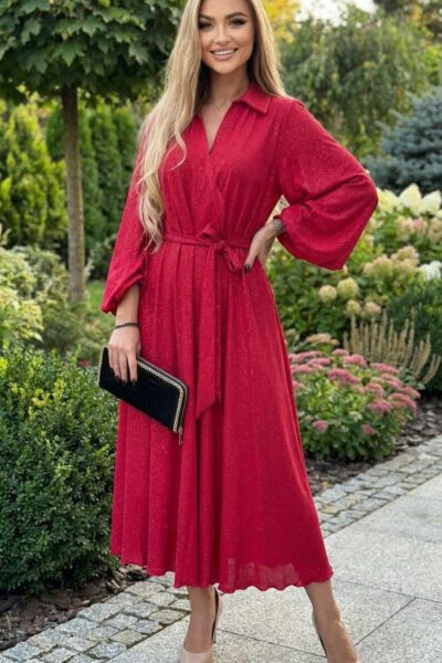 (veľ. 46) Trblietavé šaty s košeľovým golierom červené