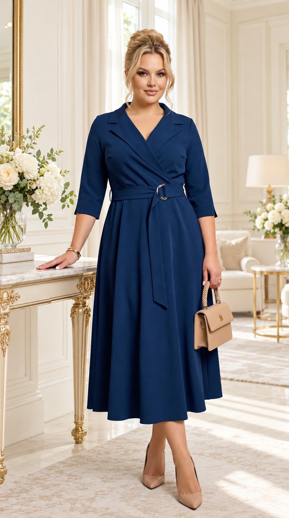 Plus size modelka v tmavomodrých midi šatách s prekladaným výstrihom, trojštvrťovými rukávmi, rozšírenou sukňou a opaskom so striebornou prackou. Outfit dopĺňa béžová kabelka a lodičky.