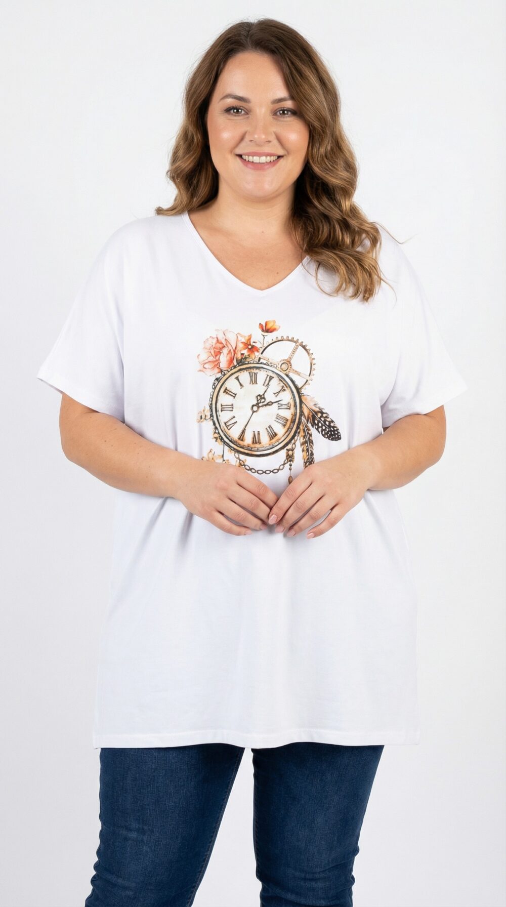 Dámske plus size biele tričko s potlačou vintage hodín a kvetov, výstrih do V, krátky rukáv, voľný strih