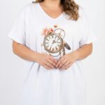 Dámske plus size biele tričko s potlačou vintage hodín a kvetov, výstrih do V, krátky rukáv, voľný strih