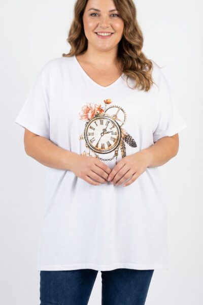 Dámske plus size biele tričko s potlačou vintage hodín a kvetov, výstrih do V, krátky rukáv, voľný strih