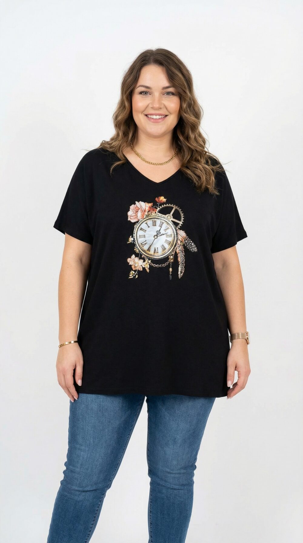 Dámske plus size čierne tričko s potlačou vintage hodín a kvetov, výstrih do V, krátky rukáv, voľný strih