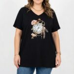 Dámske plus size čierne tričko s potlačou vintage hodín a kvetov, výstrih do V, krátky rukáv, voľný strih