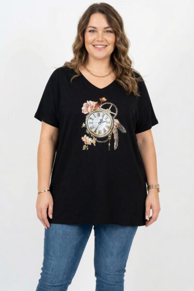 Dámske plus size čierne tričko s potlačou vintage hodín a kvetov, výstrih do V, krátky rukáv, voľný strih