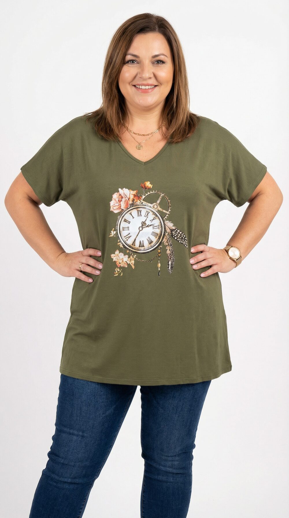 Dámske plus size khaki tričko s potlačou vintage hodín a kvetov, výstrih do V, krátky rukáv, voľný strih
