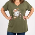 Dámske plus size khaki tričko s potlačou vintage hodín a kvetov, výstrih do V, krátky rukáv, voľný strih